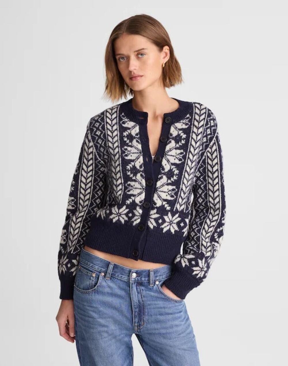 NEW Madewell Fair Isle Cardigan Jacket in Wool Navy Ivory Pattern Womens XL
